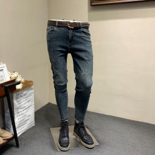 男士 韩版 修身 秋季 青年九分裤 潮流破洞牛仔裤 水洗弹力小脚裤 男 新款