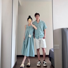 同色系情侣装连衣裙夏季海边度假风衬衫挂脖无袖背心裙一衣一裙潮