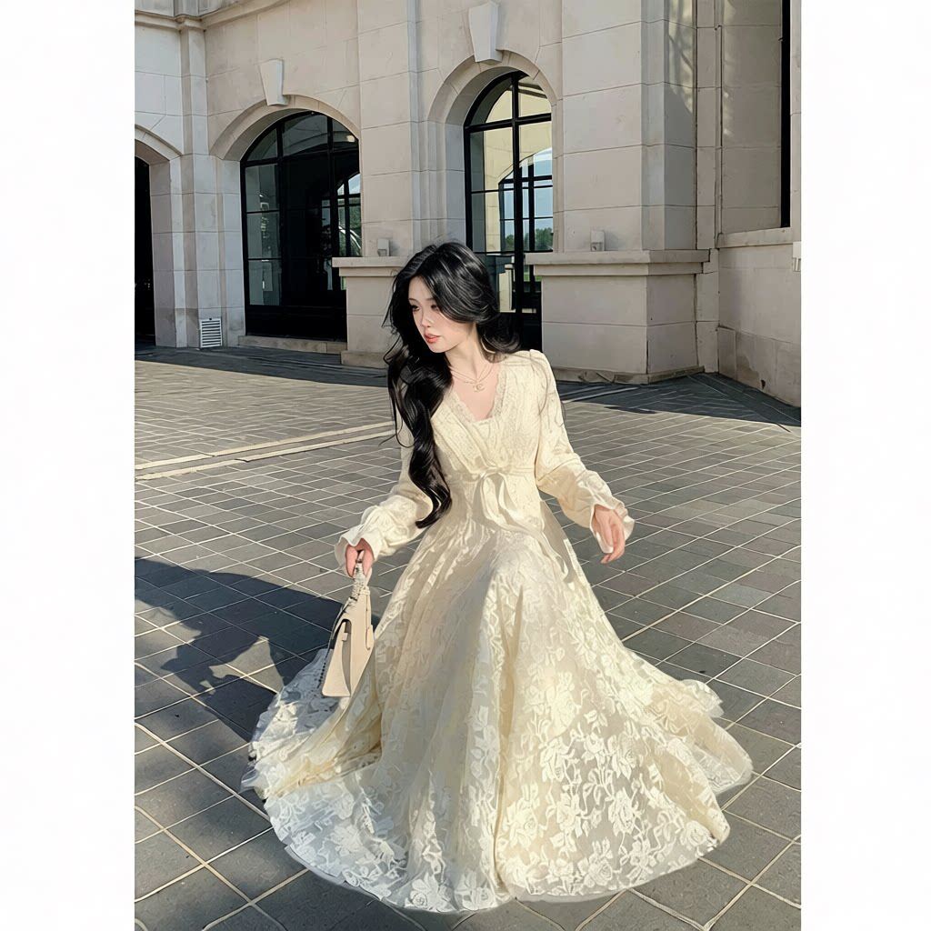 迷迭花园 法式纯欲v领蕾丝连衣裙收腰千金风蓬蓬裙加绒 新款