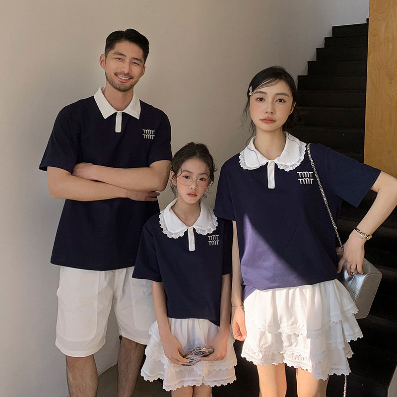 高端学院风亲子装短袖T恤母女蕾丝花边裙父子装翻领上衣polo衫潮