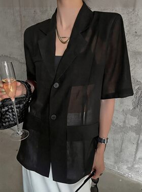 清冷简约V领短袖薄款西装外套女