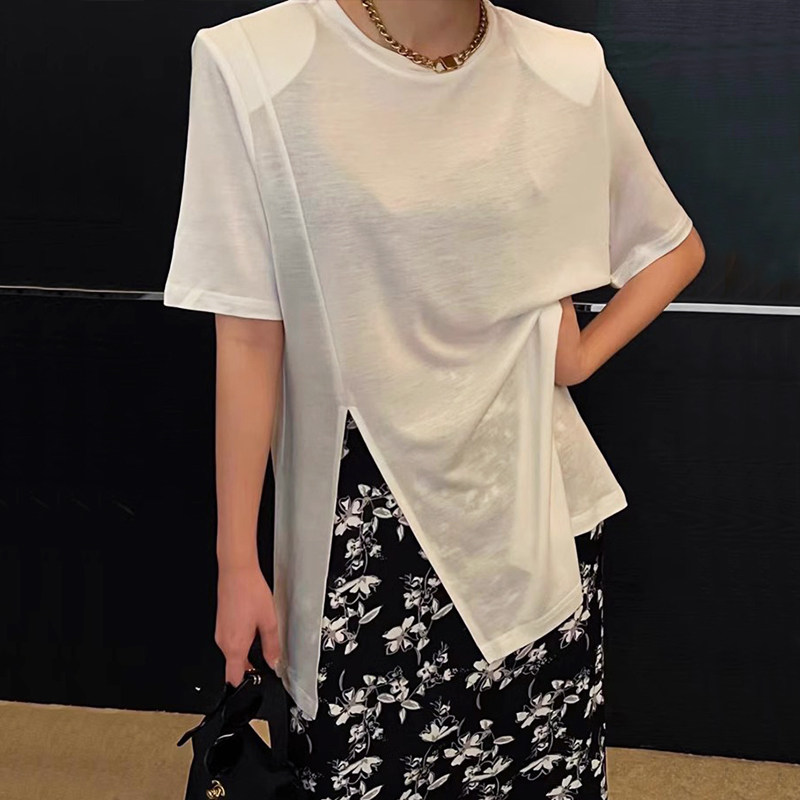 面膜t恤女短袖薄款微透天丝防晒衣2026新款夏季宽松开叉垫肩上衣