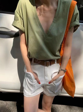 纯棉短袖女t恤夏深v领低胸上衣