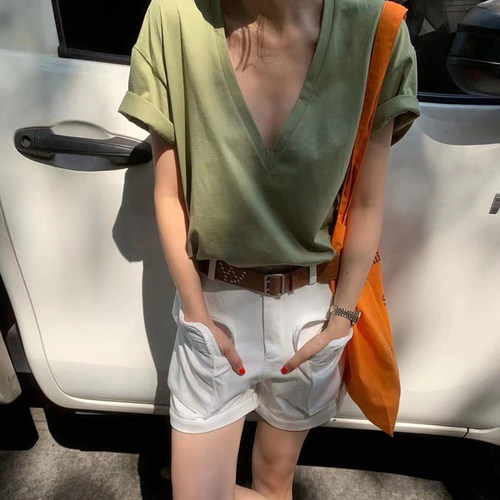 纯棉短袖女t恤夏深v领低胸上衣