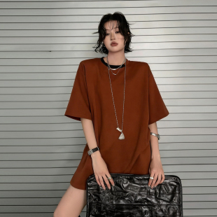 遮屁股正肩上衣 极简风拼接t恤女宽松廓形中长款 短袖 t恤女2026新款