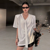 飘带高级感气质休闲宽松垫肩上衣女短袖 白色v领t恤女2026夏季 新款