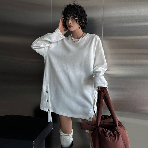 白色加绒卫衣外套女中长款t恤遮屁股洋气宽松慵懒风开叉加厚上衣