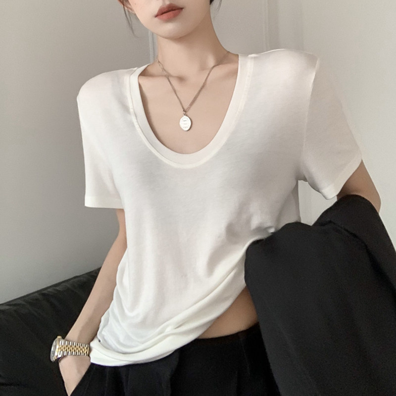 白色u领面膜t恤女短袖宽松薄款高级感软糯凉爽好穿垂感大领口上衣
