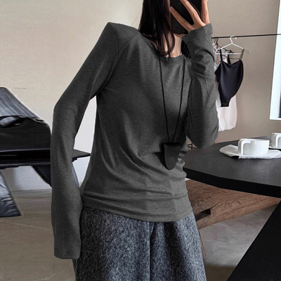 韩版天丝羊毛打底衫垫肩长袖t恤