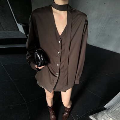 黑色衬衫女长袖2025新款设计感