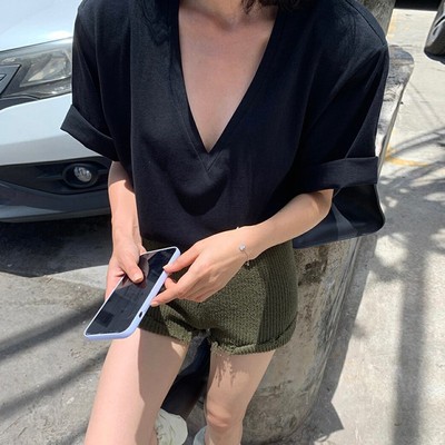 深V领短袖t恤女宽松韩版垫肩上衣