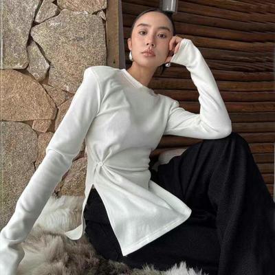 加绒打底衫女垫肩长袖设计感内搭