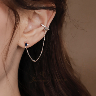 Jasmo原创小众设计宝蓝色星星月亮日系无耳洞耳骨链耳钉耳夹女