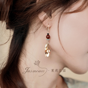 Jasmo原创小众设计新中式 红玛瑙树叶耳钩耳钉耳环女马面裙穿搭