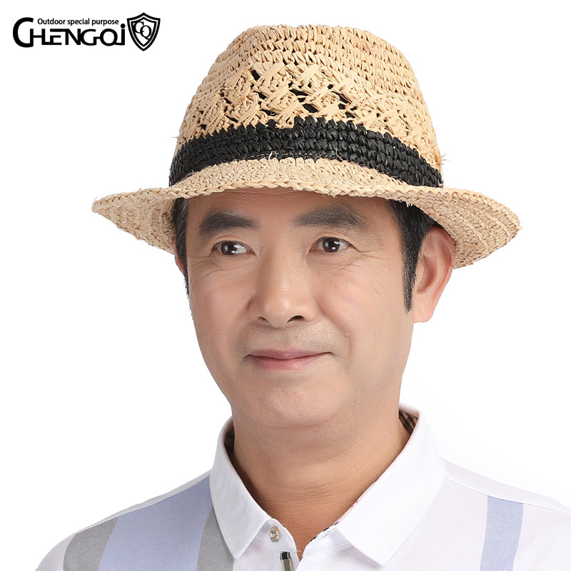 拉菲草帽子男士夏天中老年人爵士礼帽老人户外透气防晒遮阳帽凉帽