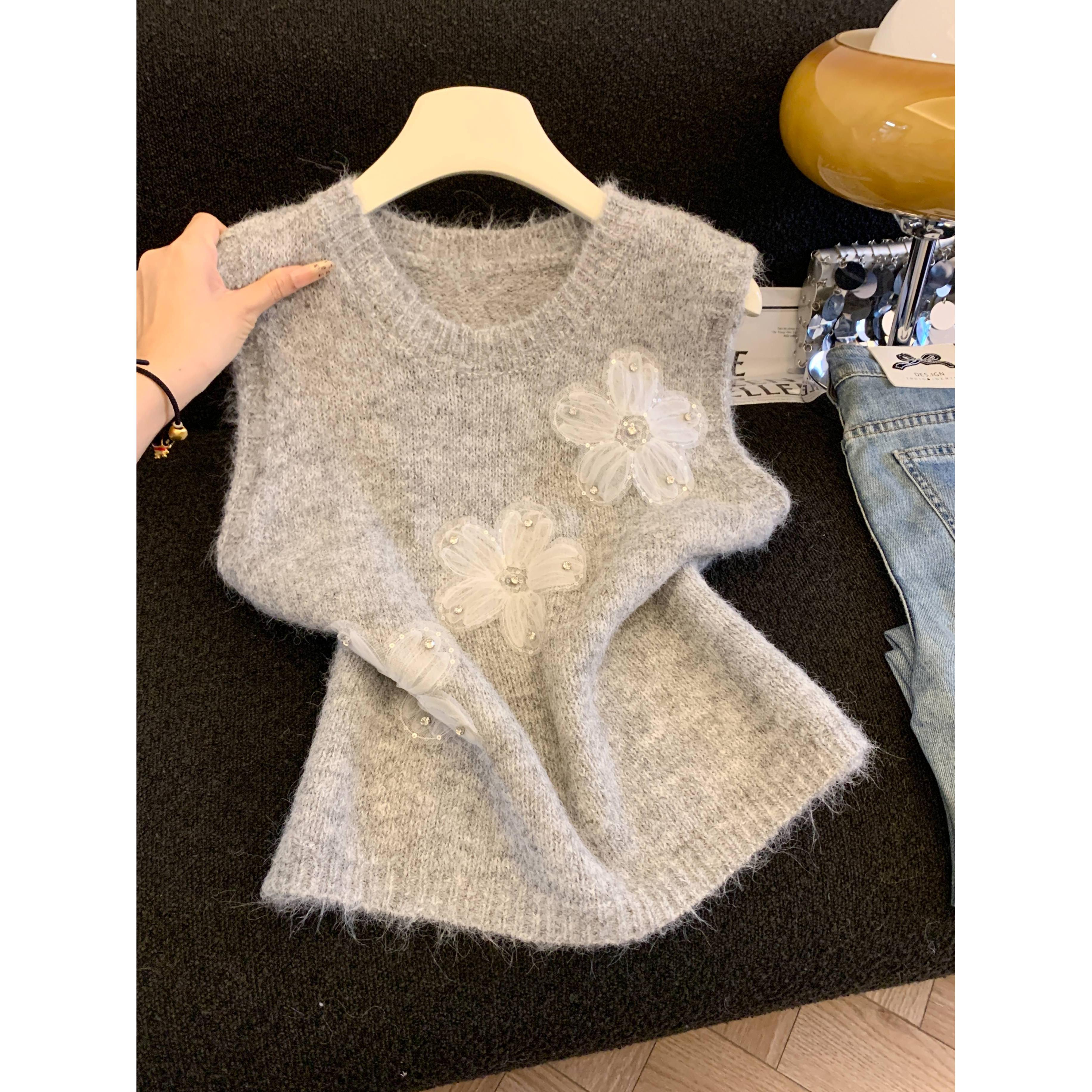 钉珠花朵针织女秋冬外穿休闲百搭马夹叠穿无袖上衣高级感53339