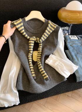 独特超好看针织背心带披肩两件套文艺风圆领拼接长袖上衣女53501