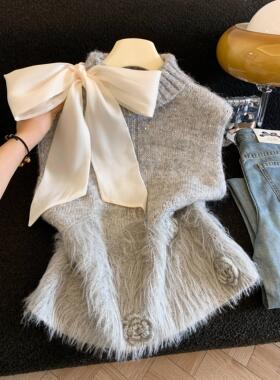 蝴蝶结软糯格雷系毛衣秋新款慵懒风针织马甲背心温柔上衣女53504