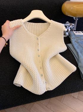 镂空开衫圆领针织马甲背心女春秋新款宽松马夹外穿毛衣坎肩53546