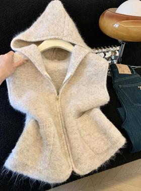 软糯毛茸茸圈圈绒连帽马夹女冬时尚高级感拉链针织开衫马甲53538