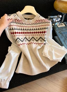 复古轻熟费尔岛拼接针织上衣通勤气质圆领百搭时尚长袖冬女53564