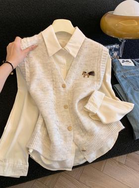 秋冬新款时尚百搭V领马夹刺绣针织开衫马甲背心上衣两件套女53502