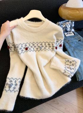 韩系复古提花圆领长袖套头毛衣女2025秋慵懒风宽松显瘦上衣53153
