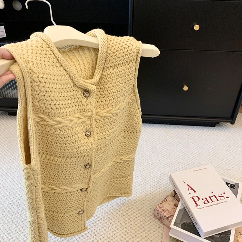 粗线圆领单排扣针织马甲开衫女初秋无袖毛衣背心叠穿百搭坎肩
