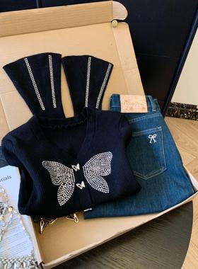 复古风黑色蝴蝶亮片针织衫女秋冬显瘦百搭高级感毛衣52777