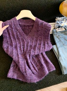 秋季新款韩系V领慵懒风针织衫女宽松显瘦毛衣百搭上衣马甲52928
