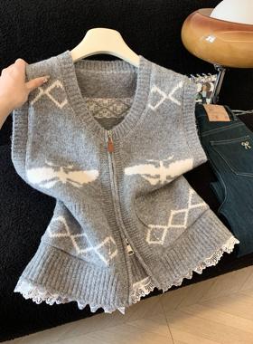 韩系蝴蝶图案针织马甲女时尚个性秋装新款保暖软糯内搭上衣53514