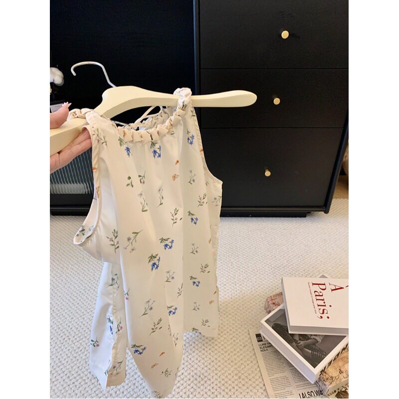 夏季新款韩版碎花小清新挂脖吊带背心女小众别致褶皱无袖上衣