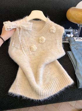 秋冬新款时尚蝴蝶结立体花朵圆领宽松无袖针织背心马甲女53513