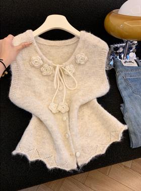 立体花朵系绳v领针织开衫女2025秋冬马甲叠穿背心毛衣上衣53341