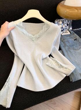 2025秋冬外穿内搭法式纯欲蕾丝细节拼接超显瘦打底针织衫53116