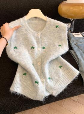 秋季新款刺绣花朵针织马甲女开衫百搭叠穿毛衣背心坎肩上衣53468