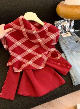 2025年冬季新款韩版修身两件套格子斗篷披肩加简约套头毛衣53144
