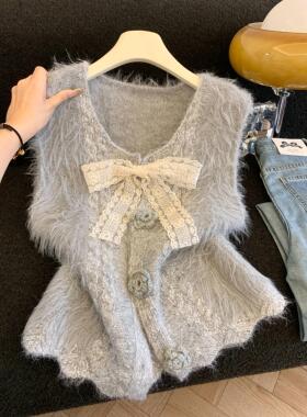 2025秋冬新款韩系立体花朵蝴蝶结无袖针织背心马甲上衣女53485