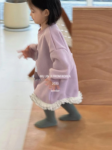 女童秋冬加绒卫衣裙2023洋气紫色显白卡通加绒加厚韩版可爱卫衣裙