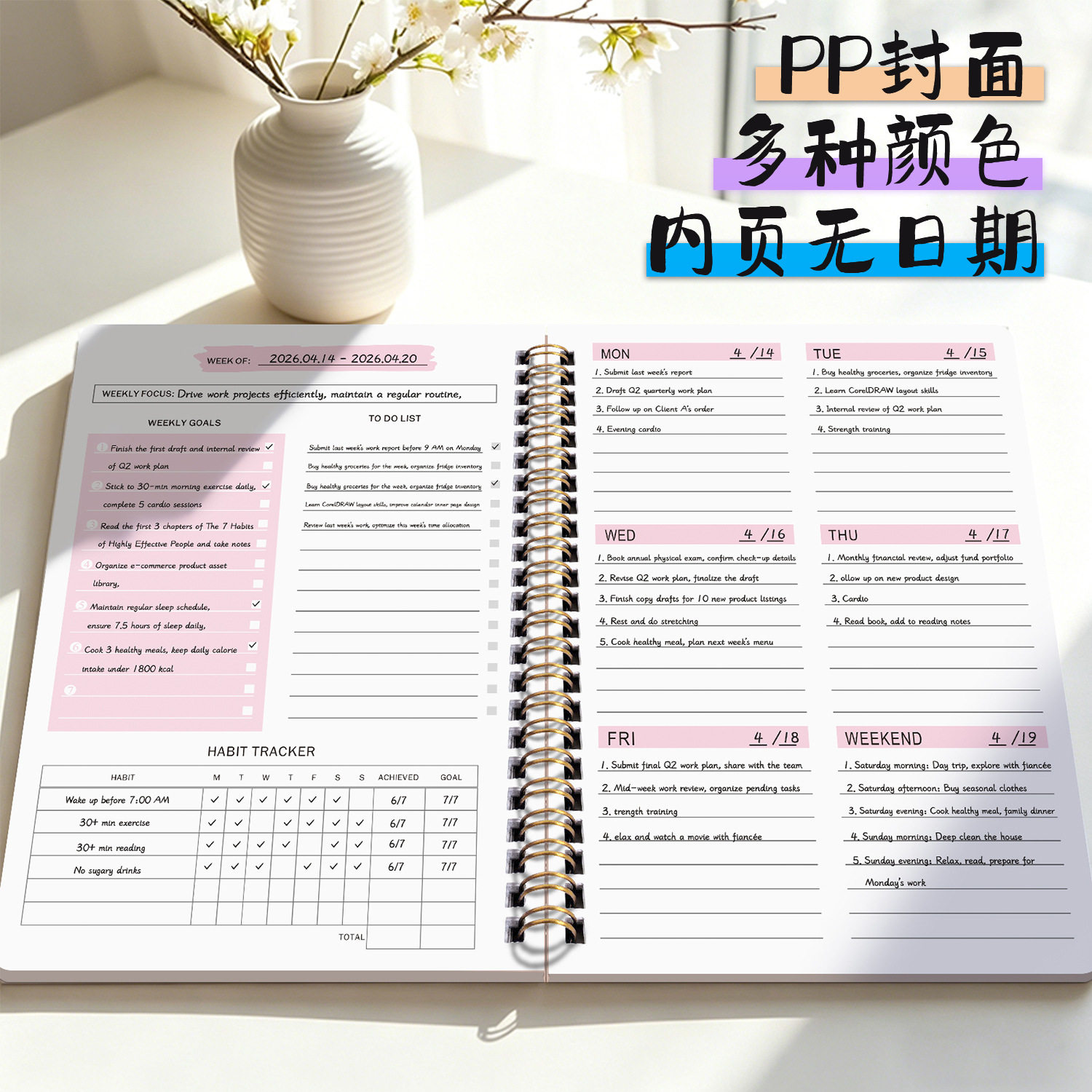跨境A5英语线圈本高颜值时尚周计划本无日期内页笔记本学习规划本图片