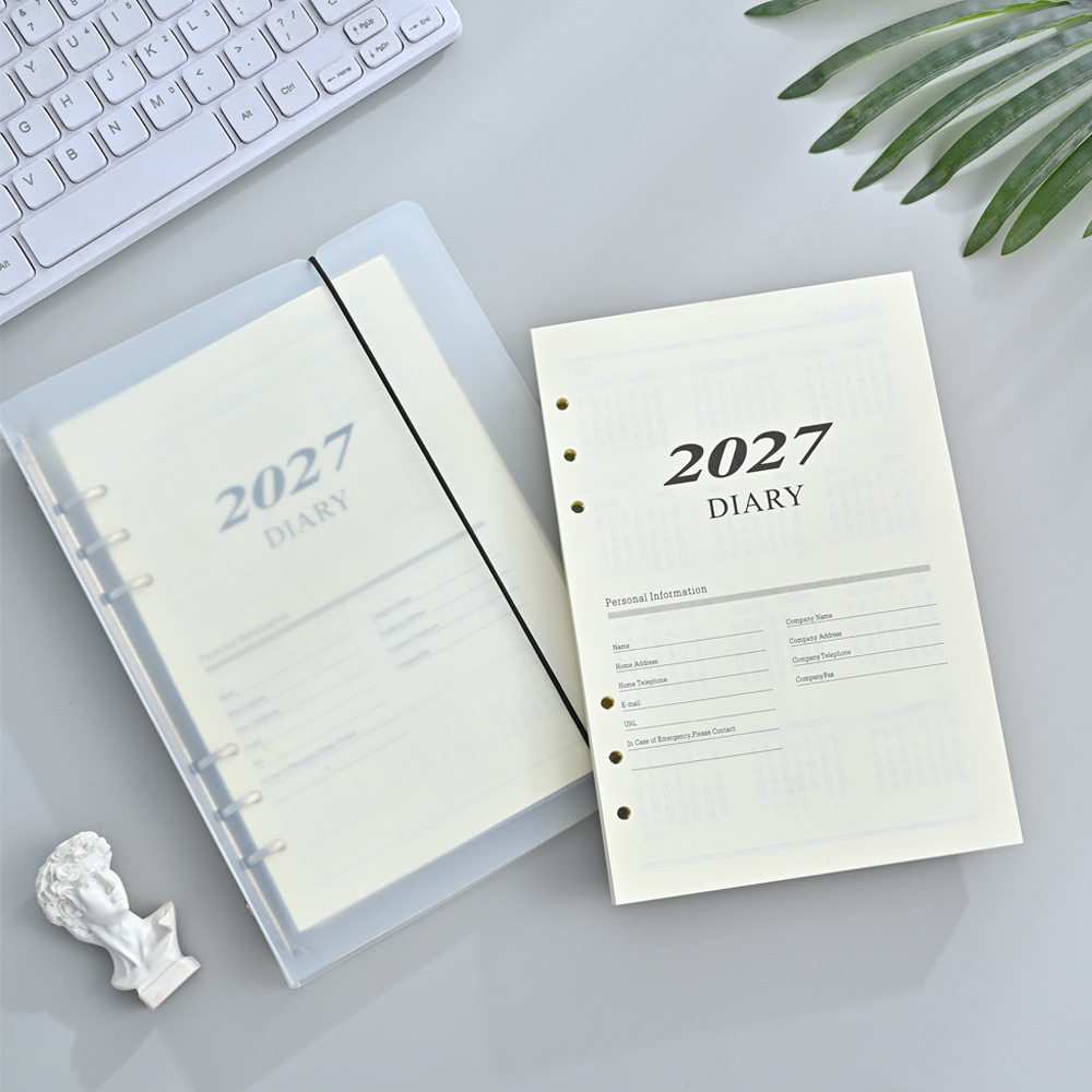 2027年跨境a5磨砂外壳英文周计划本6孔活页本替换芯年历本日程本