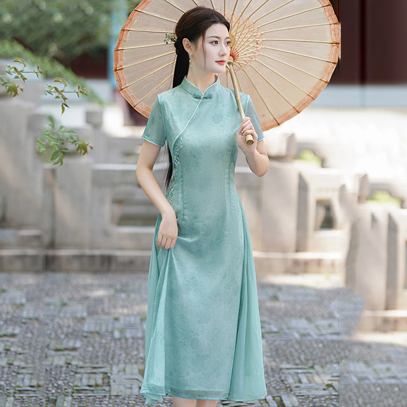 绿色奥黛国风新中式旗袍改良年轻款女高级感复古日常连衣裙春夏季