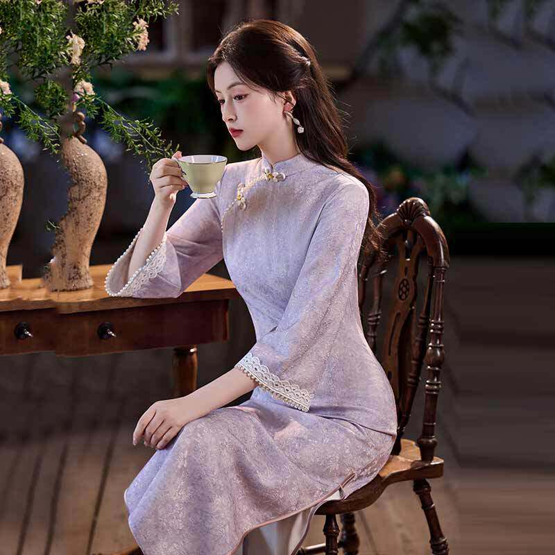 改良年轻款紫色国风新中式秋季长袖旗袍女高级感复古修身收腰春秋