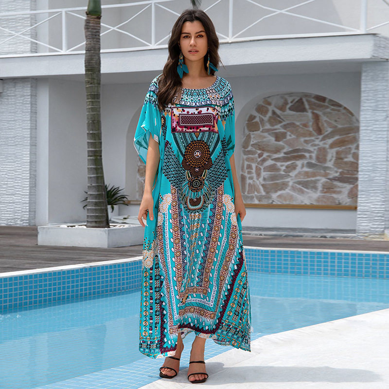 外贸新款防晒衫人棉印花宽松长袍比基尼泳衣外搭罩衫女沙滩连衣裙