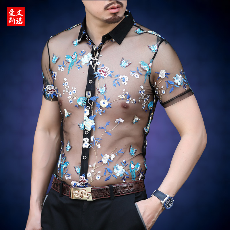 2022夏季超薄网纱男士短袖衬衫花鸟潮流透视上衣镂空透明蕾丝衬衣