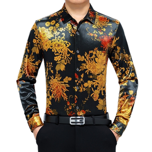 爸爸装金丝绒印花衬衫男春季长袖真口袋绸缎衬衣中年宽松秋装上衣