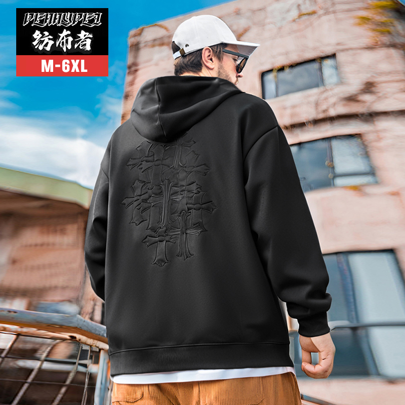 纺布者潮牌大码2025秋季十字架绣花连帽卫衣男加肥加大宽松卫衣男