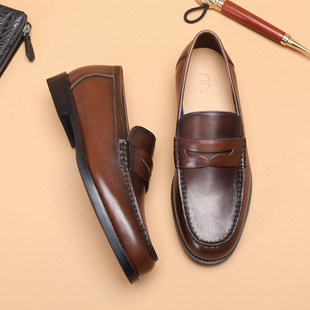 头层牛皮手工擦色一脚蹬英伦复古风皮鞋 男式 商务乐福鞋 2026春新品
