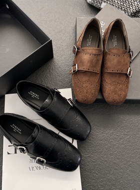 欧美波洛克深口单鞋女2025秋低跟方头小皮鞋皮带扣青年英伦女鞋潮