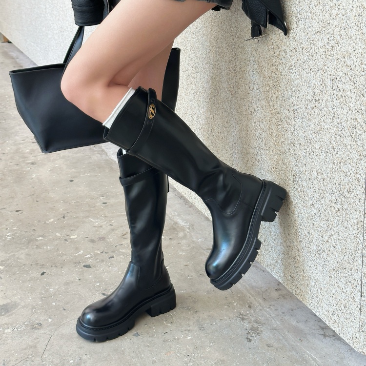 欧美厚底搭扣高筒骑士靴